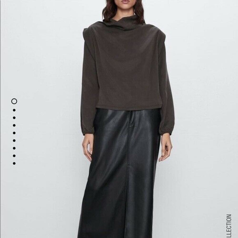 Zara Contrast Draped Sweatshirt High Neck Long Sleeve Sweatshirt Brown Small